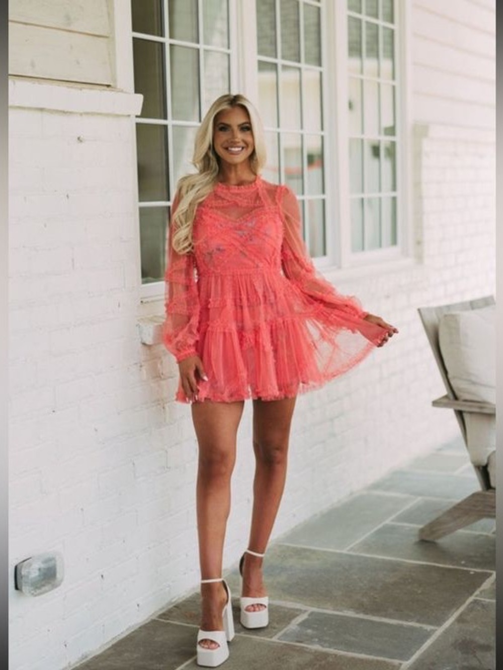 These Three Coral Lace Tiered Mini Dress - Women
